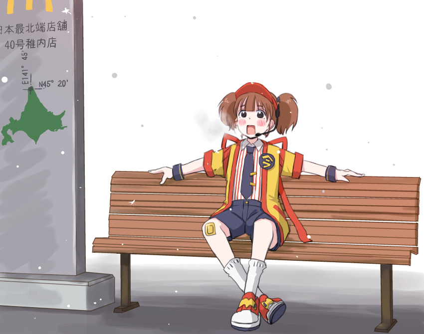 1girl, bench, black_eyes, black_necktie, black_shorts, blush_stickers, breath, brown_hair