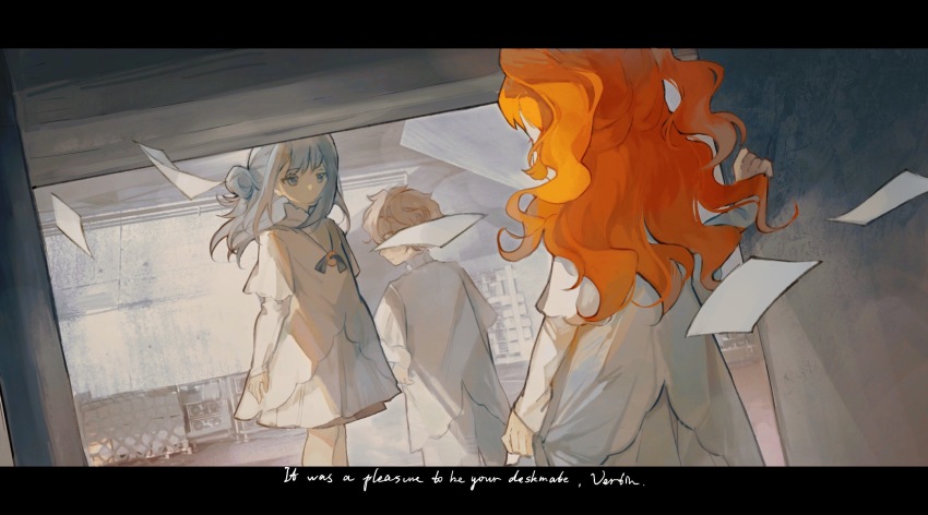 1boy, 2girls, aged_down, black_bow, black_bowtie, bow, bowtie, brown_hair