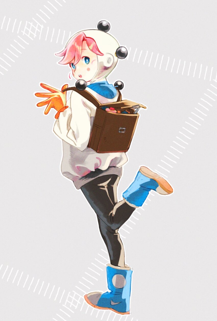 1girl, alva_(eastward), asymmetrical_bangs, backpack, bag, belt_buckle, black_pants, blue_boots