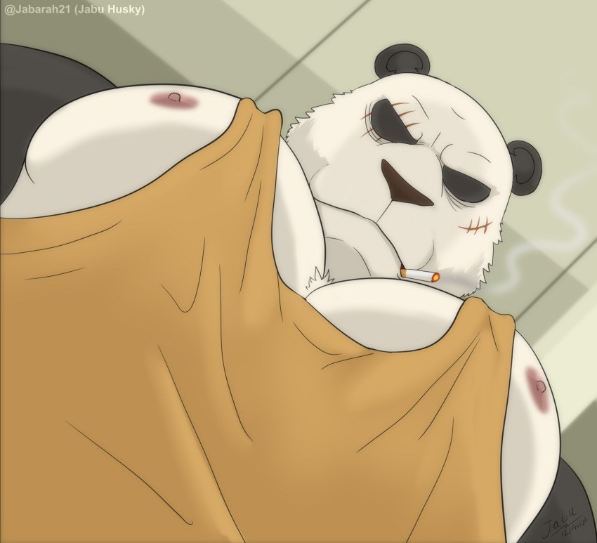 1boy, animal_ears, artist_name, bara, beastars, black_fur, cigarette, derivative_work