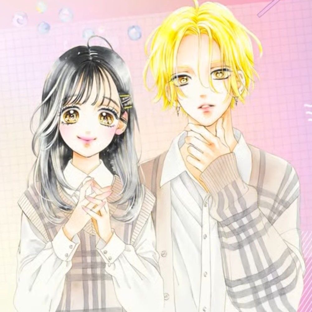 1boy, 1girl, ahoge, black_hair, blonde_hair, blush, closed_mouth, hair_ornament