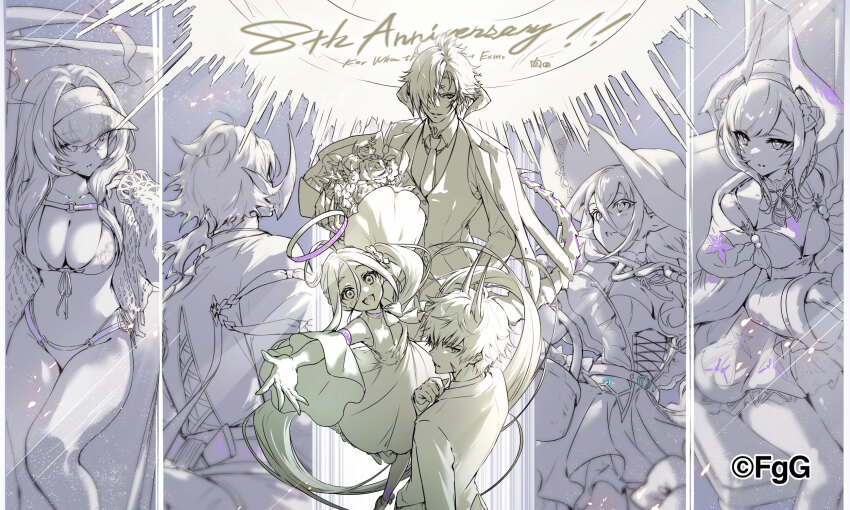 4girls, anniversary, artist_name, bikini, breasts, collared_shirt, commentary_request, copyright_notice