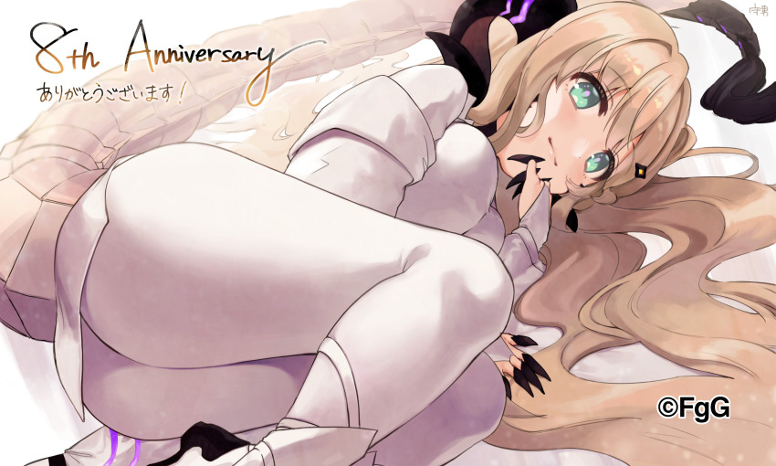 1girl, anniversary, artist_name, ass, breasts, closed_mouth, copyright_notice, dragon_girl