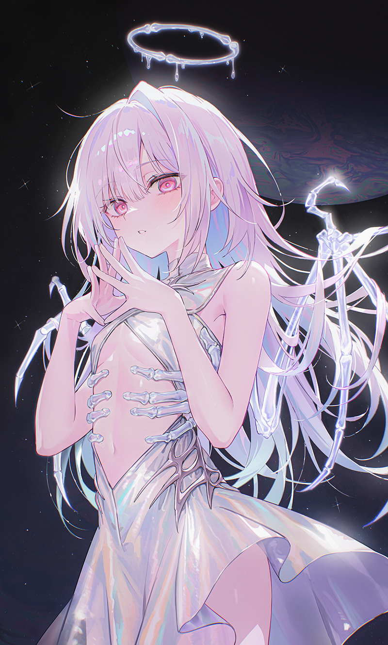 1girl, bone_halo, breasts, collared_dress, commentary, dress, english_commentary, hair_between_eyes, halo, hands_up, highres, light_blush, long_hair, looking_at_viewer, original, own_hands_together, parted_lips, pink_eyes, pink_hair, single_hair_intake, skeletal_wings, sleeveless, sleeveless_dress, small_breasts, solo, teeth, tokkyu, white_dress, wings
