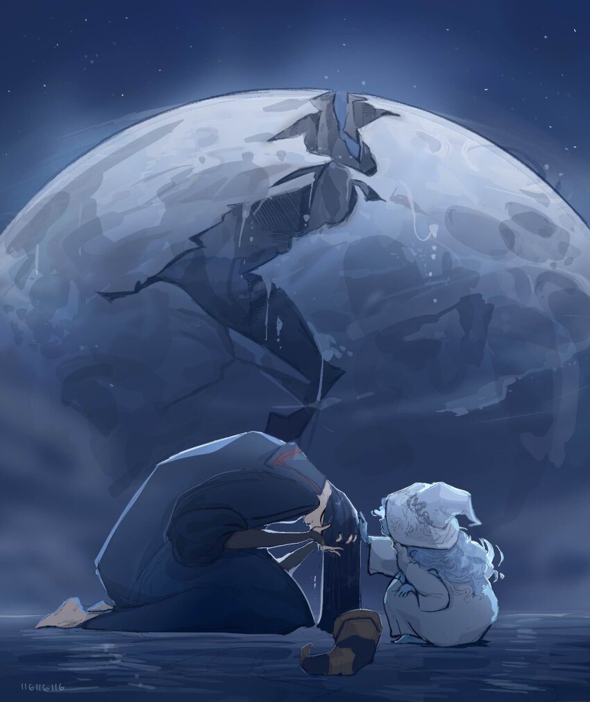 116116116el, 2girls, barefoot, black_hair, black_hat, blue_hair, blue_robe, blue_skin