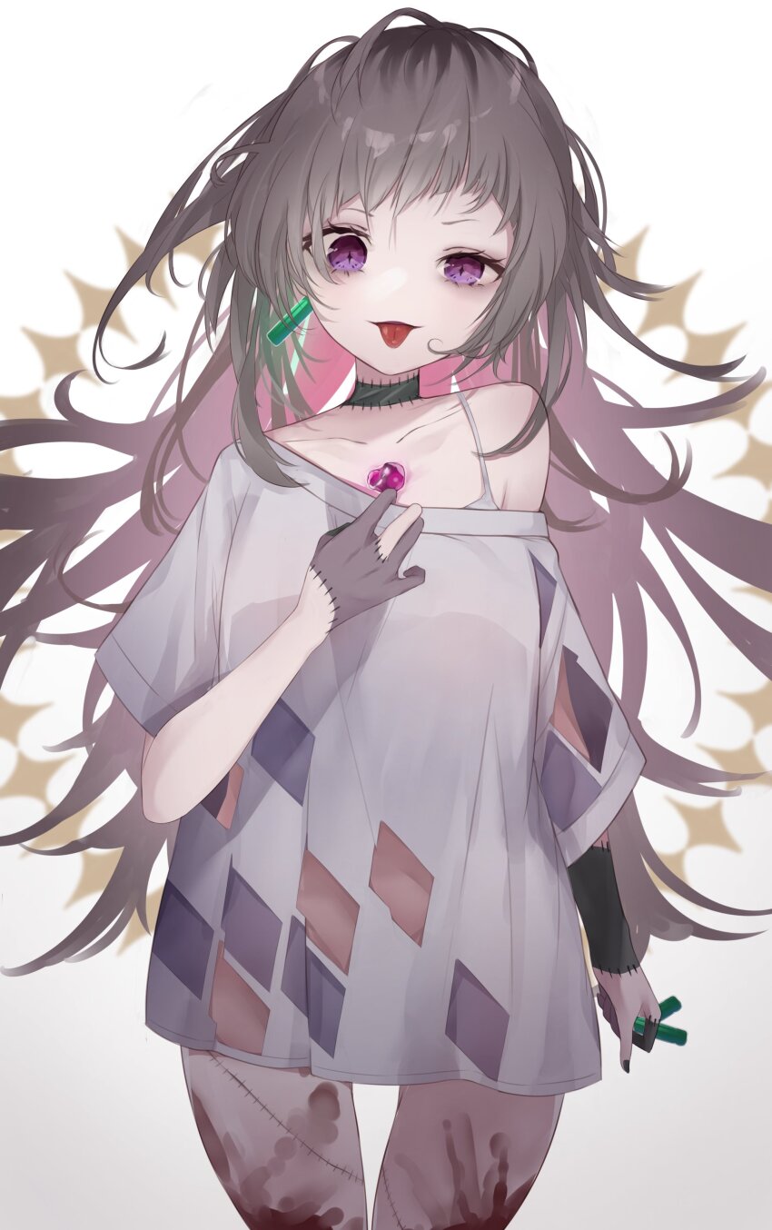 1girl, absurdres, black_nails, blood, blood_on_leg, breasts, collarbone, commentary, cowboy_shot, fingernails, grey_hair, highres, holding, huma_wat, irisu-chan_(yumemiruk), long_hair, looking_at_viewer, medium_breasts, messy_hair, nanashi_inc., off_shoulder, open_mouth, oversized_clothes, oversized_shirt, patchwork_skin, purple_eyes, shirt, simple_background, smile, solo, tongue, tongue_out, torn_clothes, torn_shirt, very_long_hair, virtual_youtuber, white_background, white_shirt, zombie