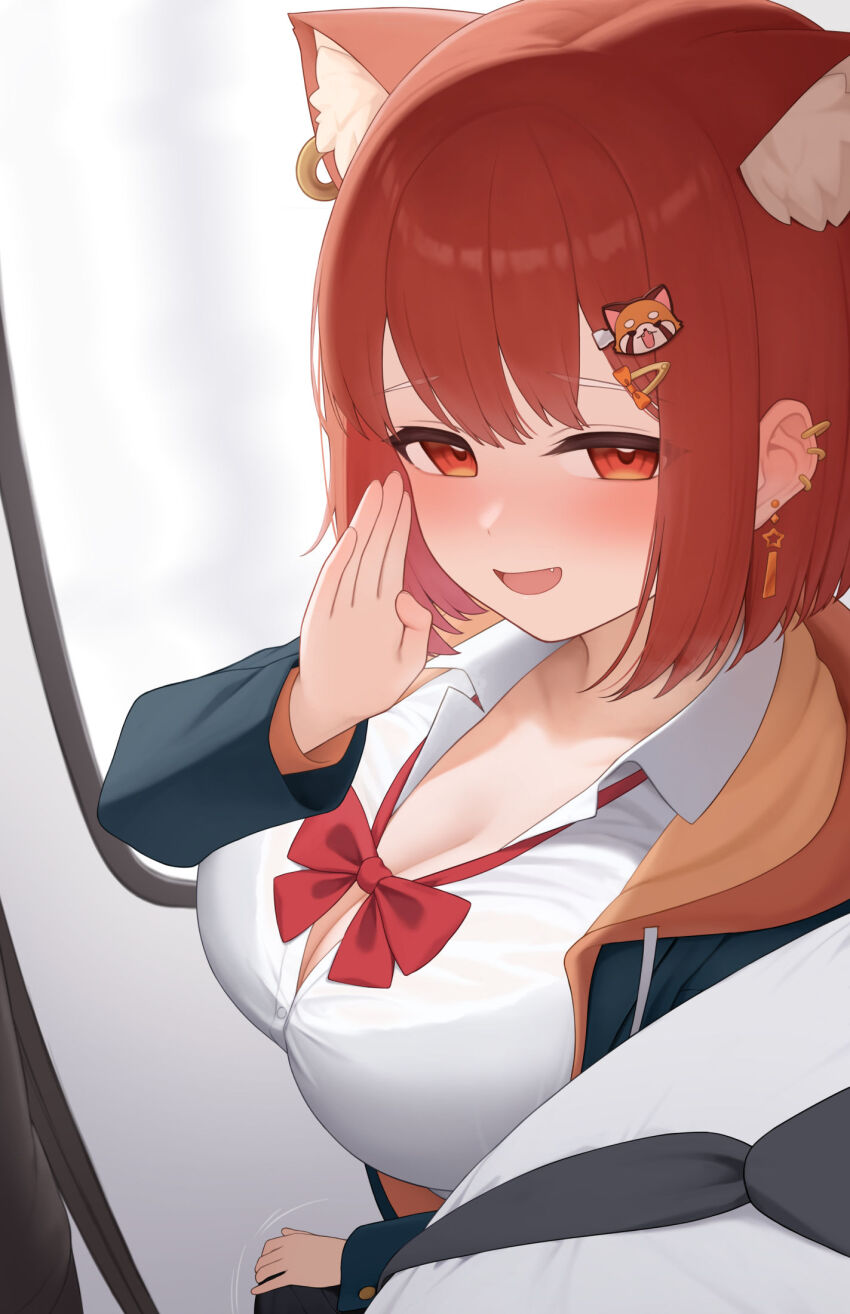 1boy, 1girl, animal_ear_fluff, animal_ear_piercing, black_jacket, black_necktie, blush, bra_visible_through_clothes, breasts, bulge, chijo, cleavage, commentary_request, erection, erection_under_clothes, fang, hair_ornament, hairclip, highres, hood, hood_down, hooded_jacket, jacket, large_breasts, long_sleeves, looking_at_viewer, necktie, nijisanji, nose_blush, open_clothes, open_jacket, open_mouth, orange_eyes, orange_hair, orange_hood, pov, ratna_petit, ratna_petit_(5th_costume), red_panda_ears, red_panda_girl, shirt, short_hair, train_interior, virtual_youtuber, whispering, white_shirt, yukamikayu