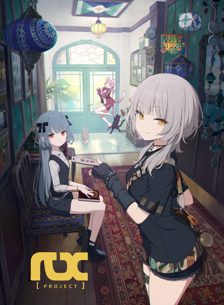 3girls, animal_ears, arm_warmers, artist_request, bag, bag_charm, black_bow, blue_hair, book, bow, breasts, cat, cat_ears, cat_girl, cat_tail, chair, character_request, charm_(object), door, grey_hair, hair_bow, hanging_light, holding, indoors, jacket, jewelry, long_hair, looking_at_viewer, mask, multiple_girls, multiple_tails, necklace, official_art, orange_eyes, pink_hair, plant, project_rx, red_jacket, rug, shirt, shorts, sitting, tail, track_jacket, two_tails