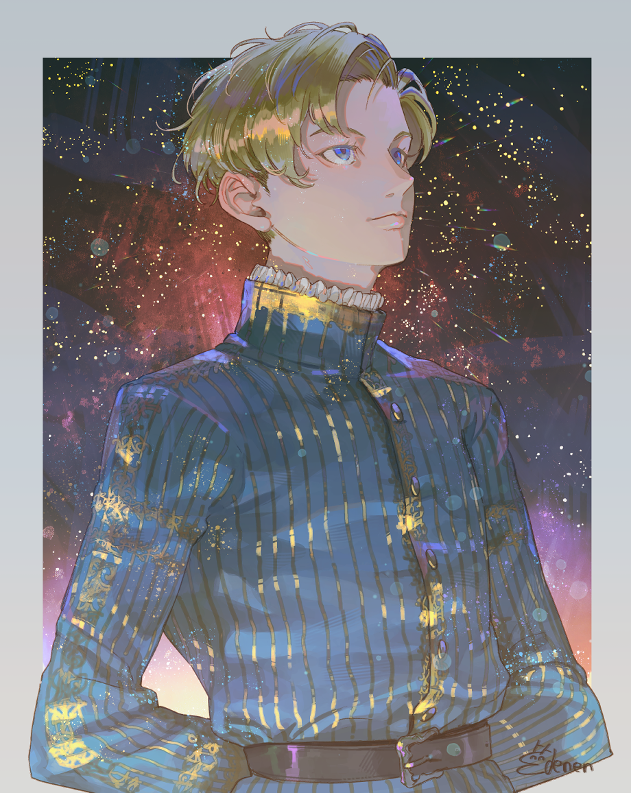 1boy, arms_behind_back, blonde_hair, blue_eyes, chi.:_chikyuu_no_undou_ni_tsuite, closed_mouth, edenen-san, long_sleeves, looking_up, male_focus, rafal_(chi.), signature, sky, solo, star_(sky), starry_sky