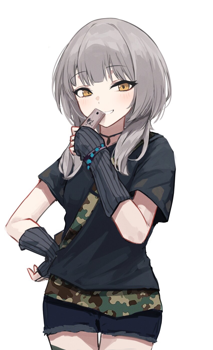 1girl, absurdres, arm_warmers, bead_necklace, beads, black_shirt, blush, camouflage