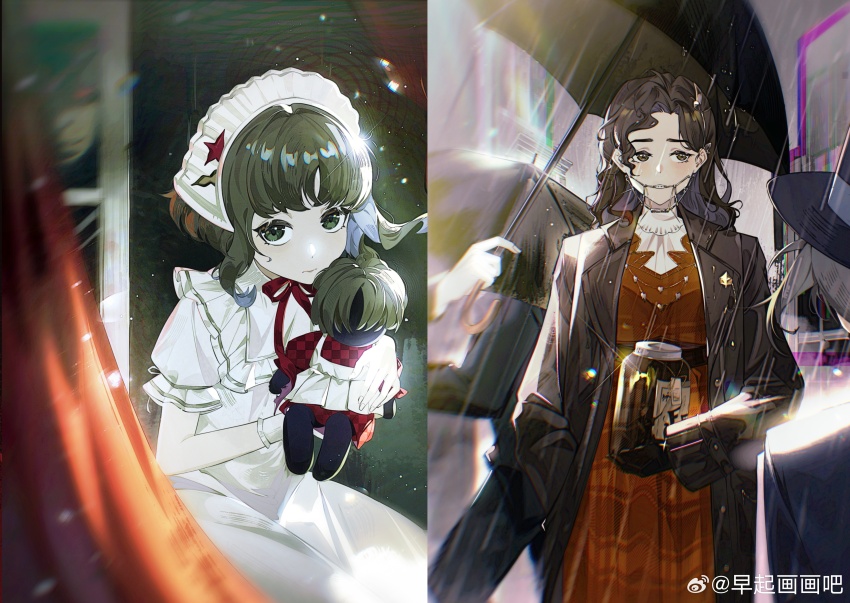 3girls, absurdres, black_coat, black_gloves, black_hat, black_umbrella, braces, brown_eyes