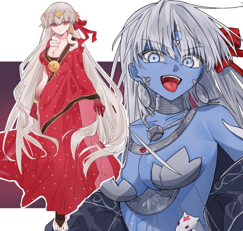 2girls, asian_indian_clothes, blue_eyes, blue_skin, bracelet, breasts, cleavage, colored_skin, desi, dpw6p39pwizgzdz, dress, durga_(fate), durga_(second_ascension)_(fate), earrings, fate/grand_order, fate_(series), flower, hair_flower, hair_ornament, highres, indian_clothes, jewelry, kali_(fate), long_hair, multiple_girls, red_dress, red_eyes, sari, snake, snake_wrapped_around_neck, third_eye, toeless_footwear, tongue, tongue_out, very_long_hair, white_hair