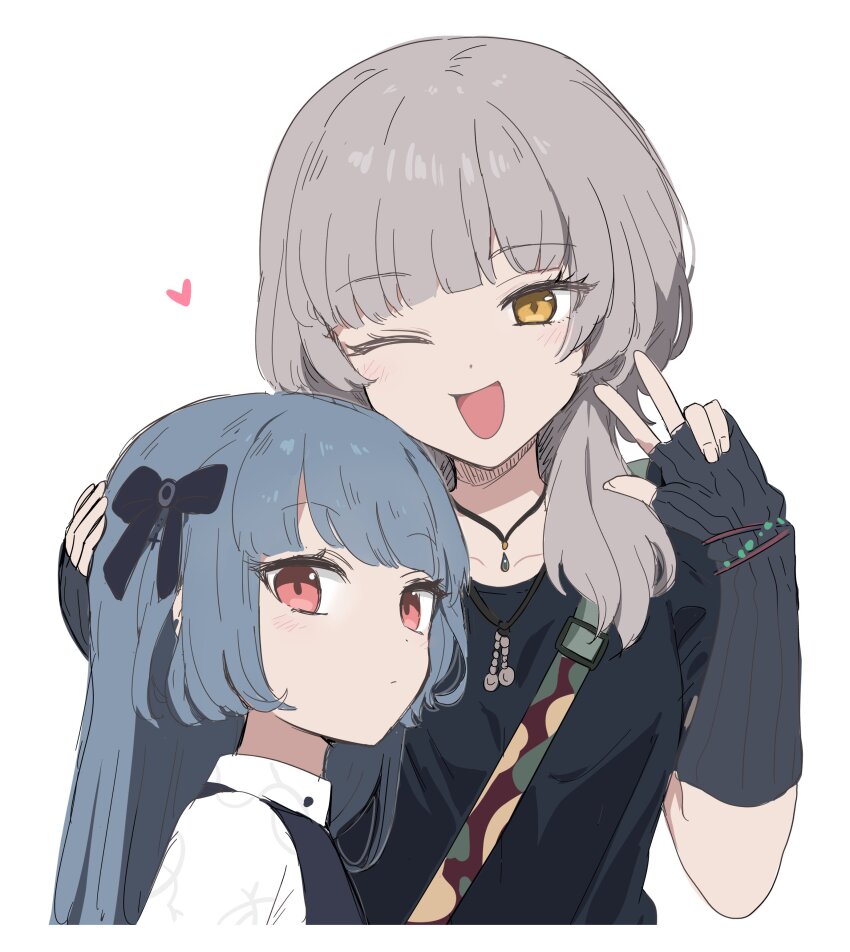 2girls, absurdres, arm_warmers, black_bow, blue_hair, blunt_bangs, blush, bow