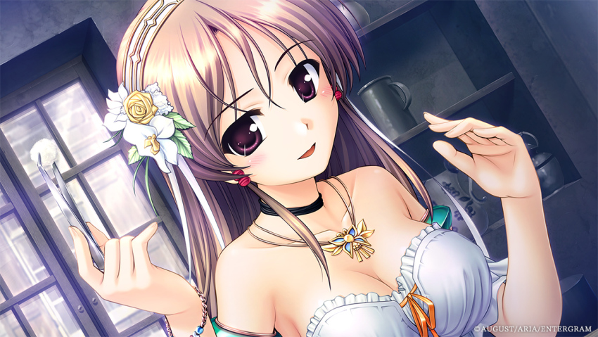 1girl, aiyoku_no_eustia, bare_shoulders, bekkankou, black_choker, bracelet, breasts, brown_hair