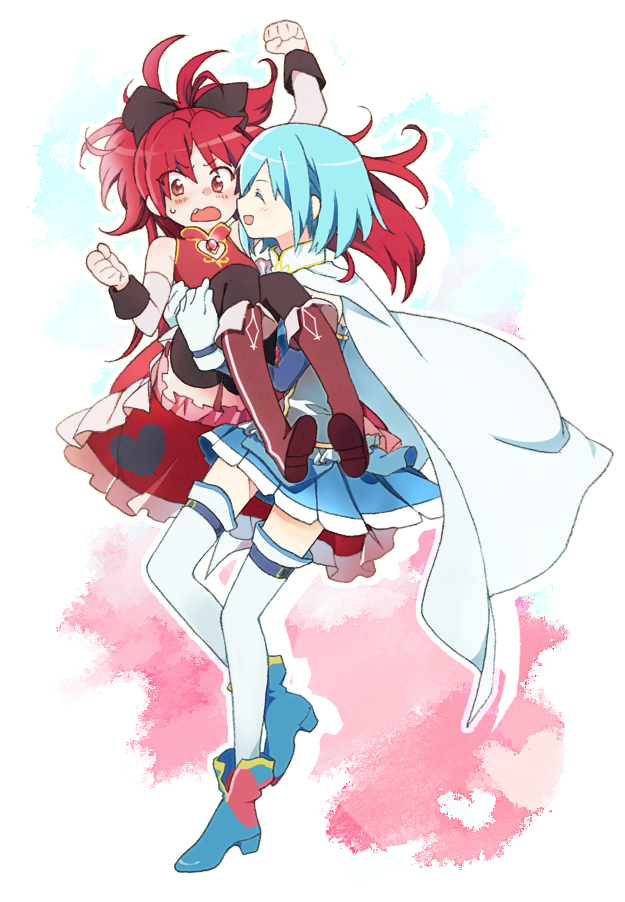 10s, 2girls, black_thighhighs, blonde_hair, blue_hair, blush, cape, carrying