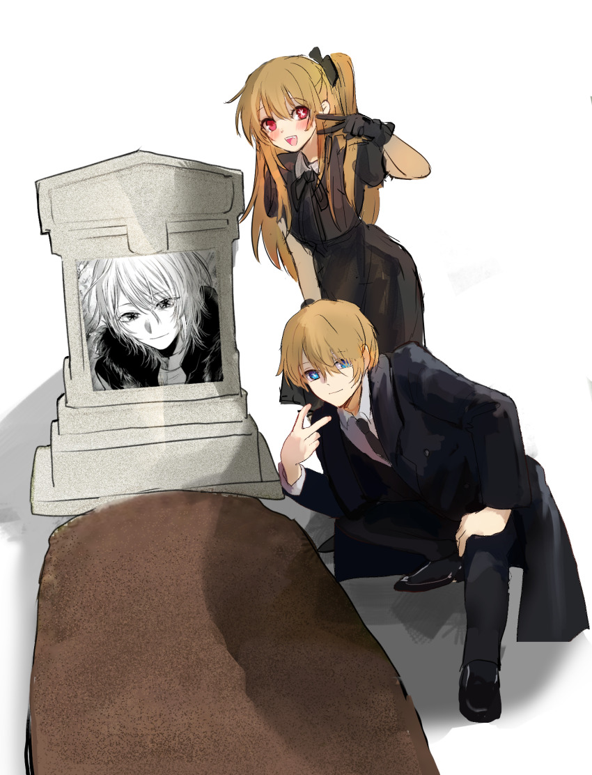 1boy, 1girl, black_bow, black_coat, black_dress, black_footwear, black_gloves, black_necktie