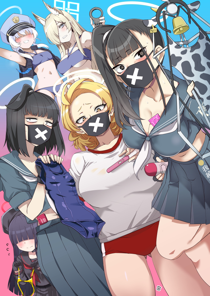 6+girls, ahoge, animal_ears, animal_print, aoi_manabu, artist_logo, bikini, black_gloves, black_hair, black_hat, black_serafuku, blonde_hair, blue_archive, blue_background, blue_bikini, blue_eyes, blue_hat, blue_one-piece_swimsuit, blue_serafuku, blunt_bangs, breasts, brown_eyes, buruma, cleavage, condom, condom_wrapper, cow_print, cuffs, faceless, faceless_female, fingerless_gloves, gloves, gluteal_fold, gradient_background, gym_uniform, hair_over_one_eye, halo, handcuffs, hat, holding, holding_pregnancy_test, holding_unworn_clothes, justice_task_force_member_(blue_archive), kanna_(blue_archive), large_breasts, logo, long_hair, looking_at_viewer, lube, mask, medium_hair, micro_bikini, midriff, mouth_mask, multiple_girls, navel, neckerchief, old_school_swimsuit, one-piece_swimsuit, pink_background, pleated_skirt, police_hat, ponytail, pregnancy_test, red_buruma, red_neckerchief, sailor_collar, school_swimsuit, school_uniform, serafuku, shirt, skirt, sleeves_rolled_up, small_breasts, stomach, sukeban_(mg)_(blue_archive), sukeban_(smg)_(blue_archive), sukeban_(sr)_(blue_archive), swimsuit, underboob, valkyrie_police_academy_student_(blue_archive), white_hair, white_neckerchief, white_shirt, yellow_bikini, yellow_eyes