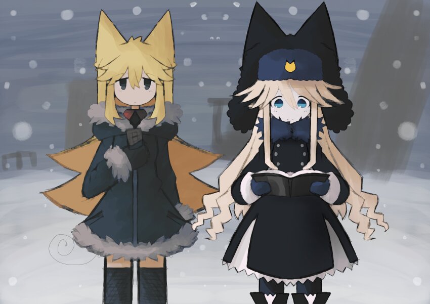 2girls, absurdres, animal_ears, animal_hat, bad_id, bad_twitter_id, black_coat, black_hat, black_thighhighs, blonde_hair, blue_eyes, book, cat_hat, coat, commentary, cowboy_shot, english_commentary, facing_viewer, funamusea, fur-trimmed_coat, fur_trim, hat, highres, holding, holding_book, hood, hood_down, iesonatana, inactive_account, long_hair, looking_at_viewer, moge-ko, mogeko_(species), mogeko_castle, mogekov, multiple_girls, open_book, outdoors, parody, reading, shoujo_shuumatsu_ryokou, snow, snowing, standing, straight-on, thighhighs, very_long_hair