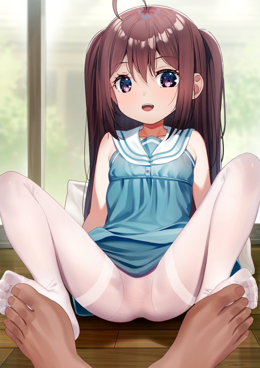 1girl, 1other, bare_shoulders, barefoot, blue_dress, breasts, brown_hair, commission