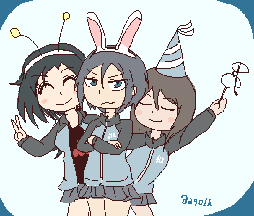 3girls, annoyed, aqclk, black_hair, brown_hair, character_request, girls_und_panzer, glasses