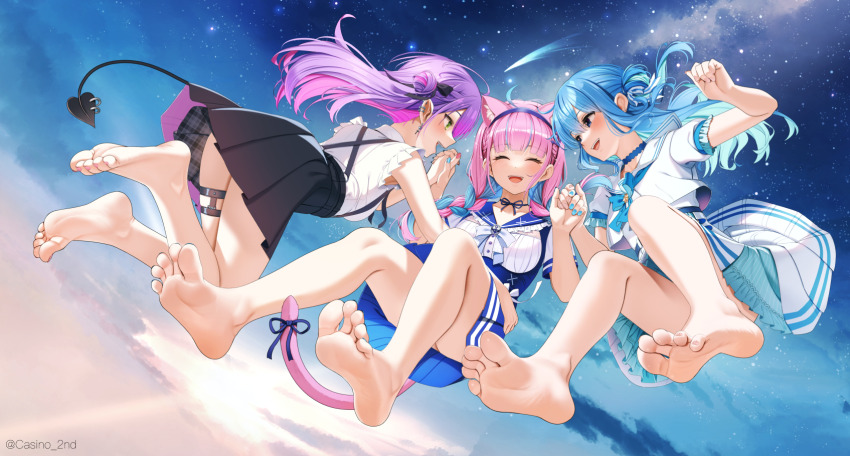 3girls, :d, animal_ears, bare_legs, barefoot, black_skirt, blue_hair, blue_skirt