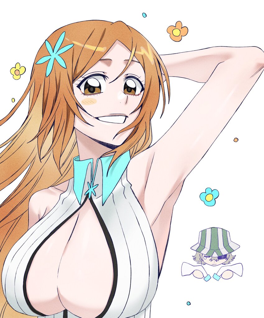 1girl, absurdres, armpits, bleach, bleach:_sennen_kessen-hen, breasts, brown_hair, cleavage