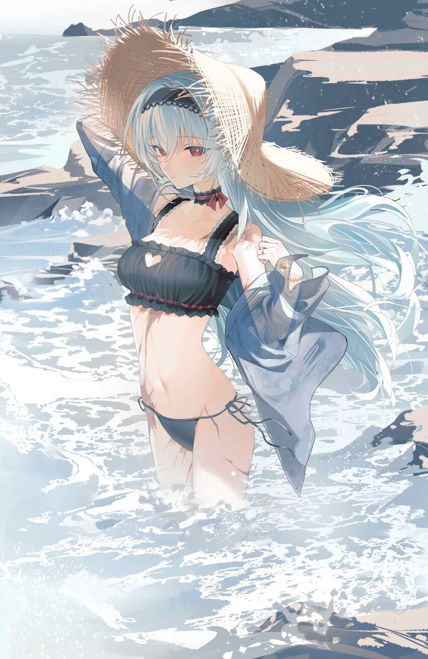 1girl, absurdres, alternate_costume, bikini, black_bikini, black_choker, black_hairband, blue_hair