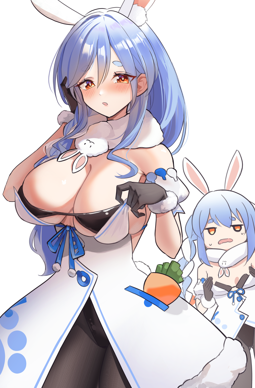 2girls, animal_ear_fluff, animal_ears, black_gloves, black_leotard, black_pantyhose, blush, braid, braided_ponytail, breasts, carrot_in_pocket, cleavage, clothes_pull, coat_dress, cosplay, don-chan_(usada_pekora), dress, dress_pull, fur-trimmed_gloves, fur_scarf, fur_trim, gloves, hand_on_own_cheek, hand_on_own_face, hands_up, highres, hololive, large_breasts, leotard, leotard_under_clothes, long_hair, looking_at_viewer, mature_female, mother_and_child, mother_and_daughter, multiple_girls, open_mouth, pantyhose, parent_and_child, pekomama, rabbit-shaped_pupils, rabbit_ears, rabbit_girl, rabbit_tail, remirii, short_eyebrows, simple_background, symbol-shaped_pupils, tail, thick_eyebrows, twin_braids, usada_pekora, usada_pekora_(cosplay), virtual_youtuber, white_background