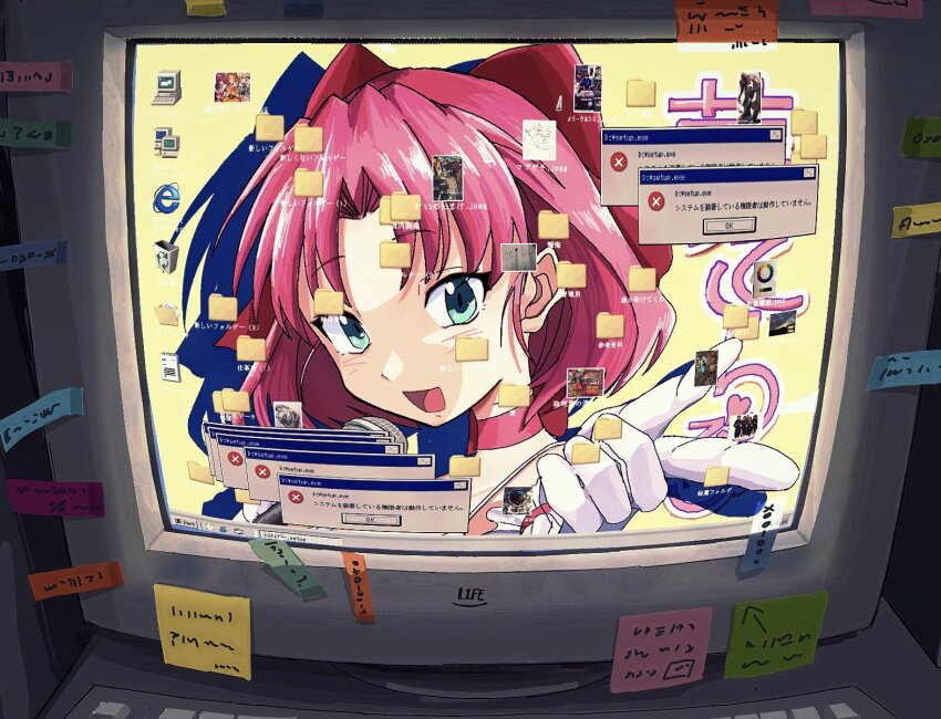 1girl, amamoto_air, aqua_eyes, bow, choker, collarbone, computer_keyboard, crt, error_message, frills, gloves, hair_bow, highres, holding, holding_microphone, icon_(computing), idol, internet_explorer, looking_at_viewer, microphone, microsoft_windows, monitor, open_mouth, original, pink_choker, pointing, pointing_at_viewer, red_bow, solo, sticker, white_gloves, window_(computing), windows_2000, windows_classic