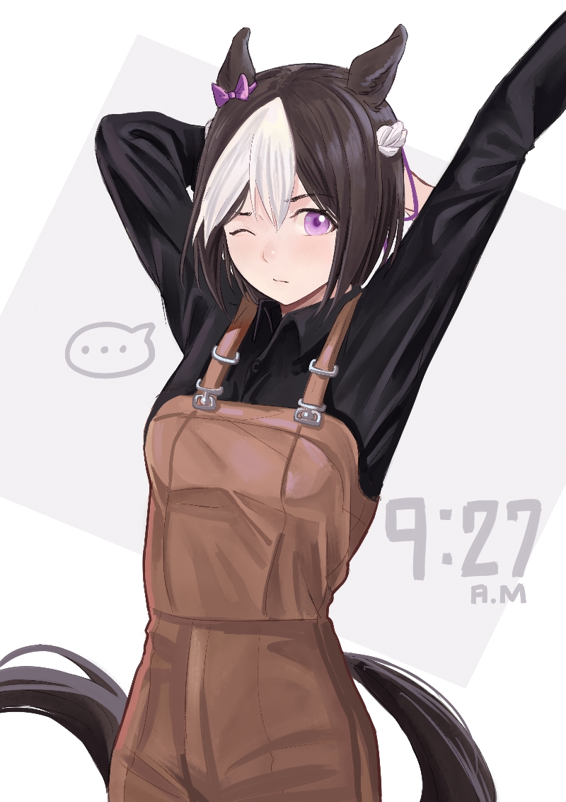 ..., 1girl, animal_ears, arm_behind_back, black_shirt, braid, brown_hair, brown_overalls, chinese_commentary, clothing_cutout, collared_shirt, commentary_request, hair_between_eyes, horse_ears, horse_girl, kaulen.f, long_sleeves, looking_at_viewer, multicolored_hair, one_eye_closed, overalls, purple_eyes, shirt, short_hair, solo, special_week_(umamusume), spoken_ellipsis, tail, tail_through_clothes, two-tone_hair, umamusume, white_hair