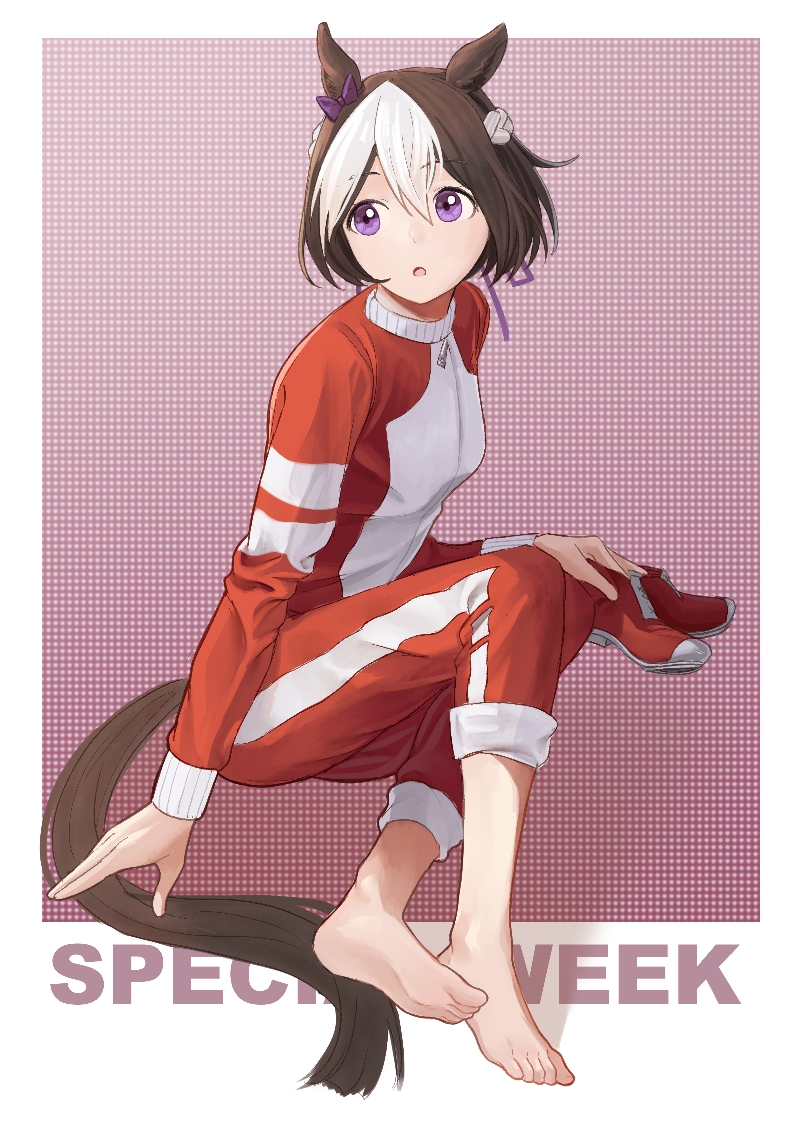 1girl, animal_ears, barefoot, bow, braid, brown_hair, character_name, chinese_commentary, commentary_request, ear_bow, gym_uniform, hair_ribbon, horse_ears, horse_girl, jacket, kaulen.f, looking_to_the_side, mixed-language_commentary, multicolored_hair, pants, pants_rolled_up, partial_commentary, purple_bow, purple_eyes, purple_ribbon, red_jacket, red_pants, red_shoes, red_track_suit, ribbon, shoes, short_hair, sitting, solo, special_week_(umamusume), tracen_training_uniform, track_jacket, track_pants, track_suit, two-tone_hair, umamusume, unworn_shoes, white_hair