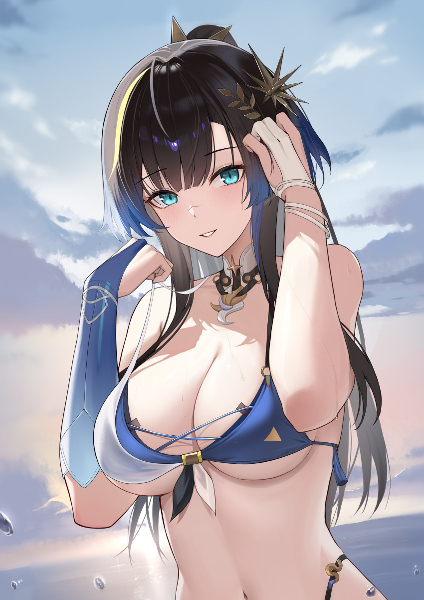 1girl, absurdres, aqua_eyes, bare_shoulders, bikini, black_hair, blue_bikini, blue_hair, breasts, bridal_gauntlets, cleavage, cloud, cloudy_sky, collarbone, commentary_request, detached_collar, gloves, gradient_hair, hair_between_eyes, hair_ornament, hands_up, highres, katya_klein, large_breasts, last_popsicle, layered_bikini, light_blush, long_hair, looking_at_viewer, multicolored_hair, navel, ocean, official_alternate_costume, official_alternate_hairstyle, outdoors, parted_lips, partially_fingerless_gloves, ponytail, scar, scar_on_face, scar_on_nose, sidelocks, single_bridal_gauntlet, sky, smile, snowbreak:_containment_zone, solo, standing, stomach, streaked_hair, swimsuit, upper_body, white_bikini