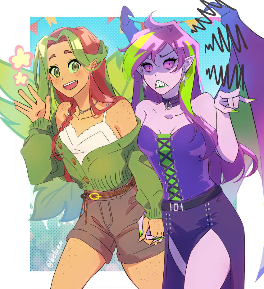 2girls, absurdres, animification, bat_wings, beluza, breasts, brown_hair, brown_shorts, cardigan, cleavage, colored_skin, commentary, english_commentary, fairy, fairy_wings, freckles, green_cardigan, green_eyes, green_hair, highres, holding_hands, illusen, jhudora, long_hair, looking_at_viewer, multicolored_hair, multiple_girls, neopets, open_mouth, pointy_ears, purple_skin, purple_skirt, purple_tube_top, shorts, skirt, smile, strapless, streaked_hair, tan, tube_top, walking, wings, yuri
