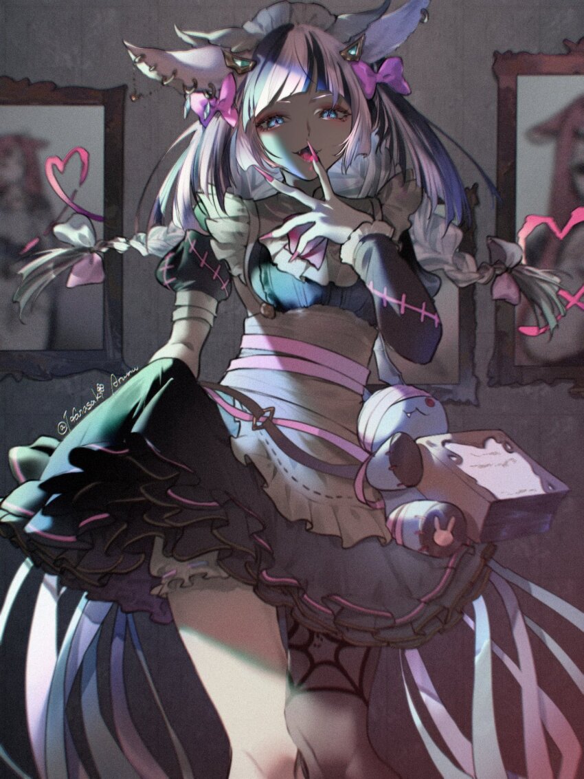 1girl, animal_ears, apron, arumu, black_dress, black_nails, bow, braid