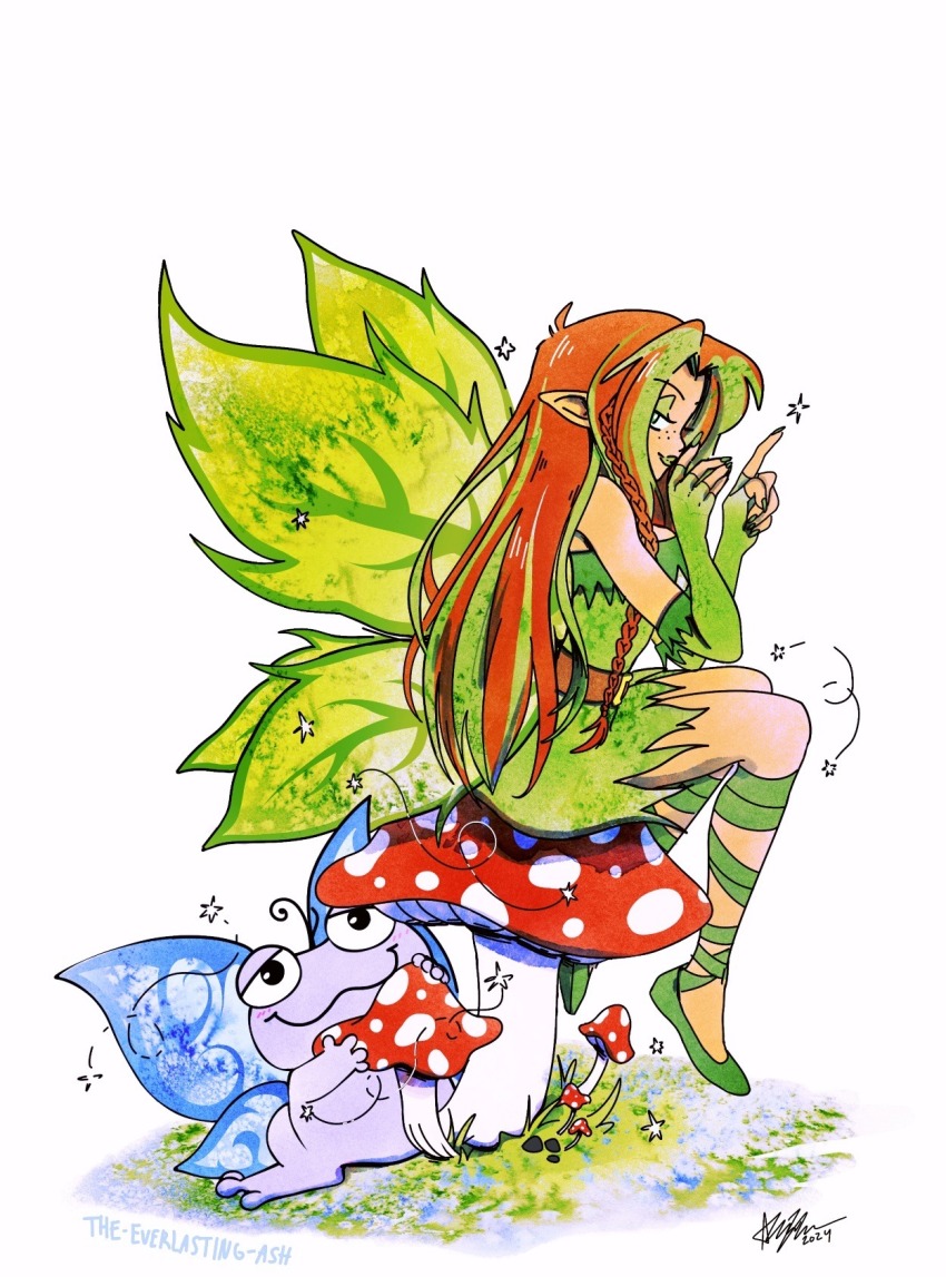 1girl, braid, brown_hair, commentary, dress, english_commentary, everlasting_ash, eyeshadow, faerie_neopet, fairy, fairy_wings, fly_agaric, gloves, green_dress, green_eyeshadow, green_footwear, green_gloves, green_hair, highres, illusen, long_hair, makeup, multicolored_hair, mushroom, neopet_(creature), neopets, pointy_ears, quiggle, simple_background, sitting, solo_focus, streaked_hair, traditional_media, very_long_hair, white_background, wings