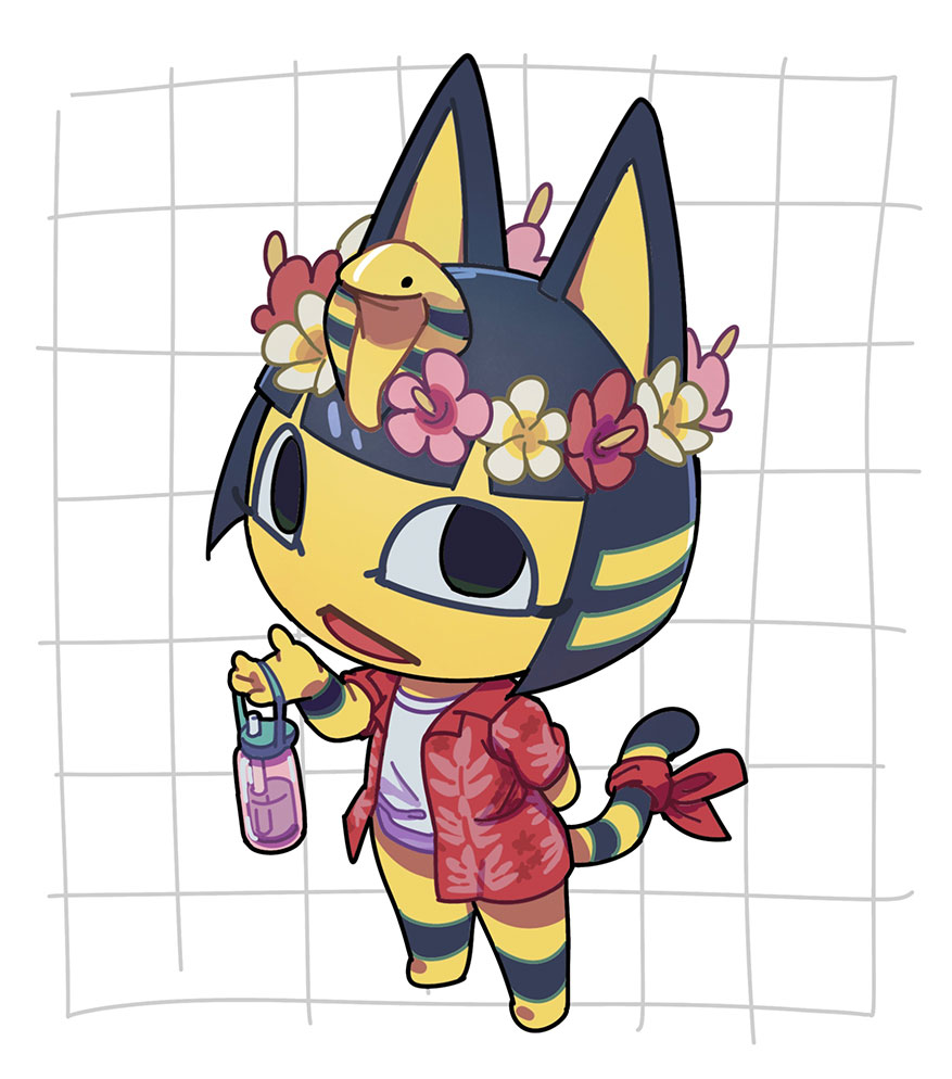 1girl, alternate_costume, animal_crossing, animal_ears, ankha_(animal_crossing), black_eyes, blue_hair, blunt_bangs
