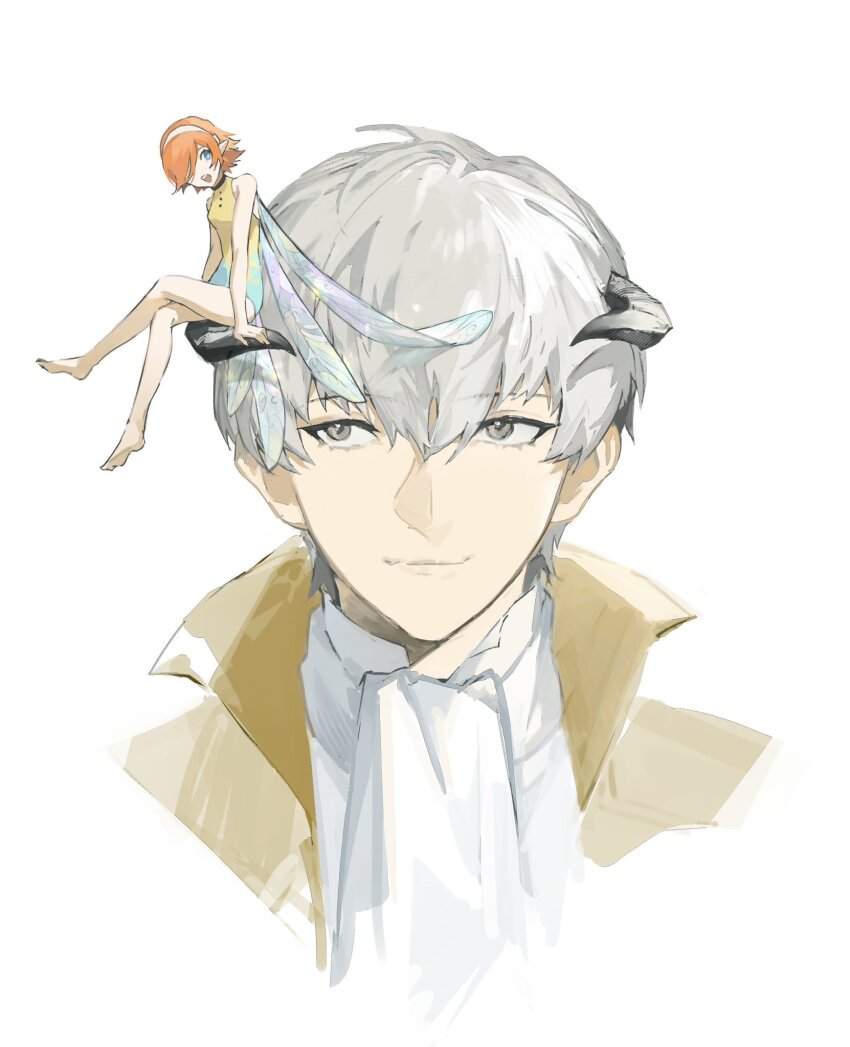 1boy, 1girl, ascot, barefoot, blue_eyes, coat, collared_coat, commentary