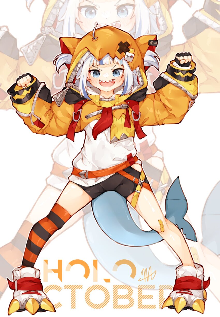 1girl, asymmetrical_legwear, bandaid, bandaid_on_knee, bandaid_on_leg, belt, black_gloves, black_shorts, black_thighhighs, blue_eyes, blue_hair, clawed_boots, commentary, cosplay, english_commentary, fingerless_gloves, fins, fish_tail, full_body, gawr_gura, gigi_murin, gigi_murin_(1st_costume), gigi_murin_(cosplay), gloves, grey_hair, hair_through_headwear, hair_through_hood, highres, hololive, hololive_english, hood, hoodie, horizontal-striped_thighhighs, long_sleeves, ma_draws, medium_hair, multicolored_hair, multicolored_thighhighs, open_mouth, orange_belt, orange_hoodie, orange_shrug, orange_thighhighs, shark_girl, shark_tail, sharp_teeth, shirt, shorts, shrug_(clothing), single_thighhigh, standing, streaked_hair, striped_clothes, striped_thighhighs, tail, teeth, thighhighs, two-tone_thighhighs, two_side_up, upper_teeth_only, virtual_youtuber, white_footwear, white_shirt, zoom_layer