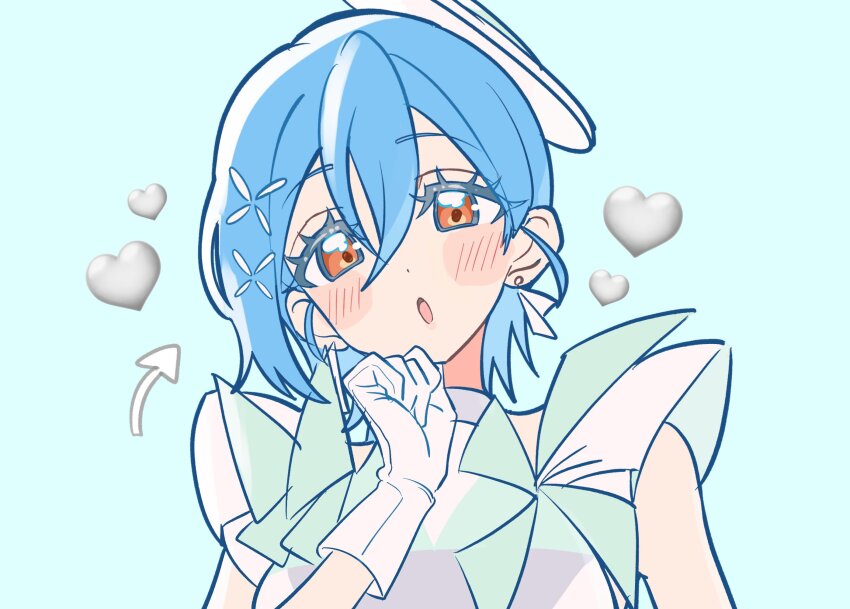 1girl, :o, aqua_dress, arrow_(symbol), blue_background, blue_hair, blush, clenched_hand