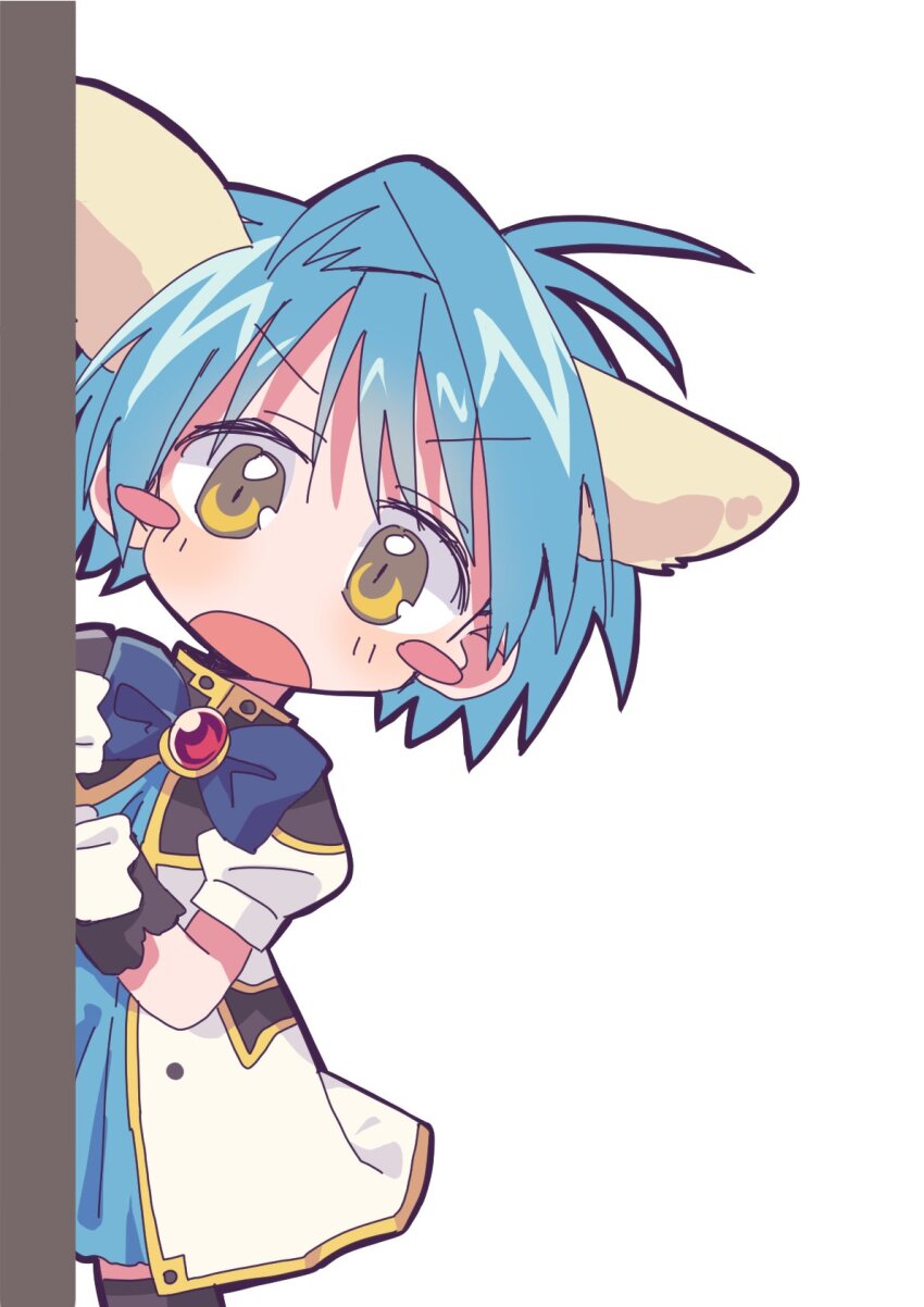 1girl, angel_wing_uniform, animal_ear_fluff, animal_ears, black_thighhighs, blue_bow, blue_bowtie, blue_dress