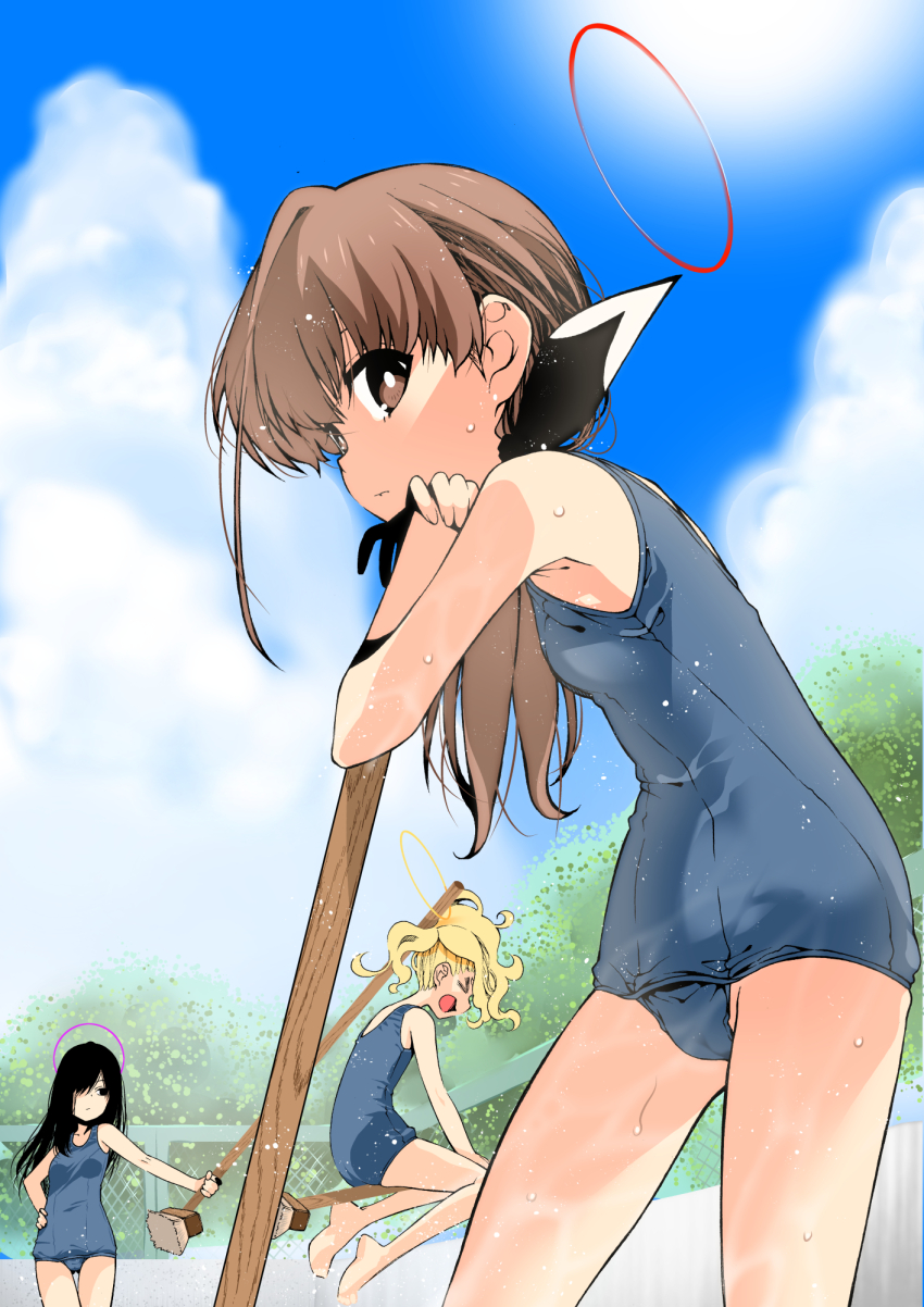 >_<, 3girls, black_hair, blonde_hair, blue_one-piece_swimsuit, blue_sky, bright_pupils, broom
