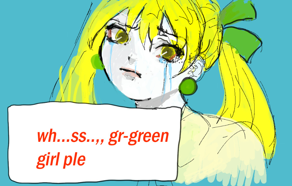 8eyes, blonde_hair, blue_background, colored_skin, crying, crying_with_eyes_open, earrings, english_text