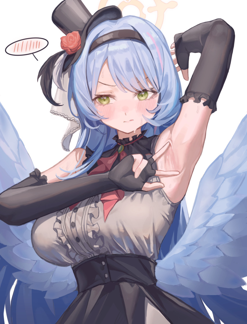 1girl, absurdres, arm_up, armpits, ascot, averting_eyes, black_gloves, black_hairband, black_hat, black_skirt, blue_archive, blue_hair, blue_wings, blush, breasts, center_frills, closed_mouth, commentary, elbow_gloves, embarrassed, feathered_wings, fingerless_gloves, flower, flower_as_hat, frills, ggangtong, gloves, green_eyes, grey_shirt, hairband, halo, hat, hat_flower, high-waist_skirt, highres, idol, large_breasts, looking_to_the_side, low_wings, mine_(blue_archive), mine_(idol)_(blue_archive), mini_hat, mini_top_hat, multicolored_hair, official_alternate_costume, pink_hair, presenting_armpit, red_ascot, red_flower, red_rose, rose, shirt, shirt_tucked_in, sideways_glance, skirt, sleeveless, sleeveless_shirt, solo, spoken_blush, spread_armpit, streaked_hair, sweat, top_hat, upper_body, v-shaped_eyebrows, wings, yellow_halo