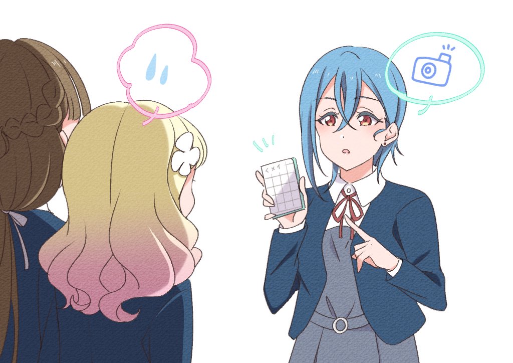 3girls, blonde_hair, blue_hair, blue_jacket, braid, brown_hair, camera, collared_shirt