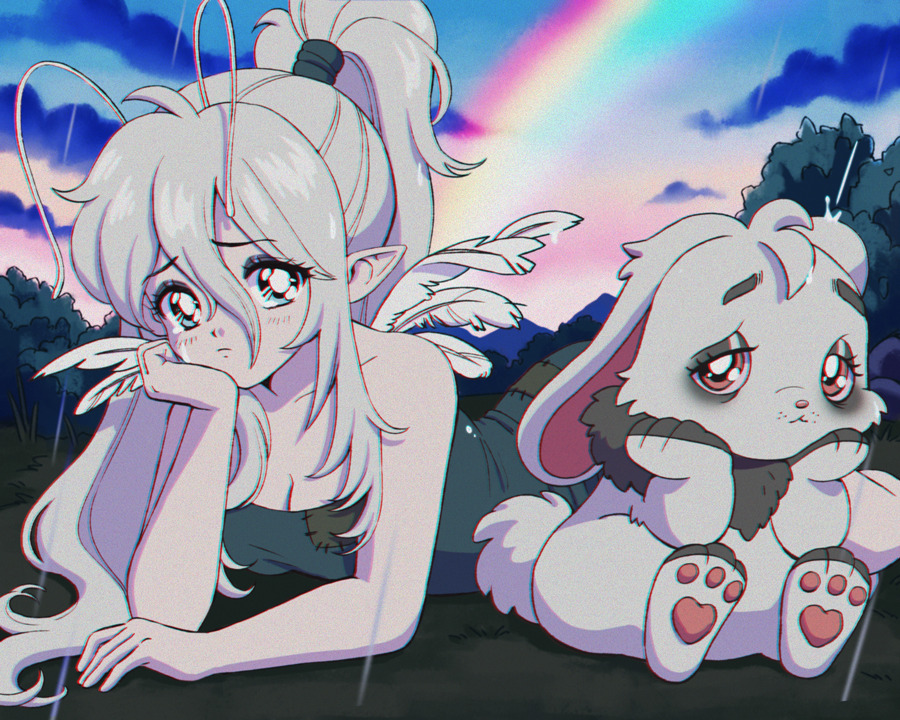 1990s_(style), 1girl, antennae, blue_eyes, breasts, cleavage, commentary, cybunny, english_commentary, fairy, grey_faerie, grey_hair, grey_neopet, high_ponytail, long_hair, looking_at_viewer, lying, neopet_(creature), neopets, on_stomach, outdoors, pointy_ears, ponytail, rabbit, rainbow, retro_artstyle, sitting, solo_focus, vampire_valentine, very_long_hair