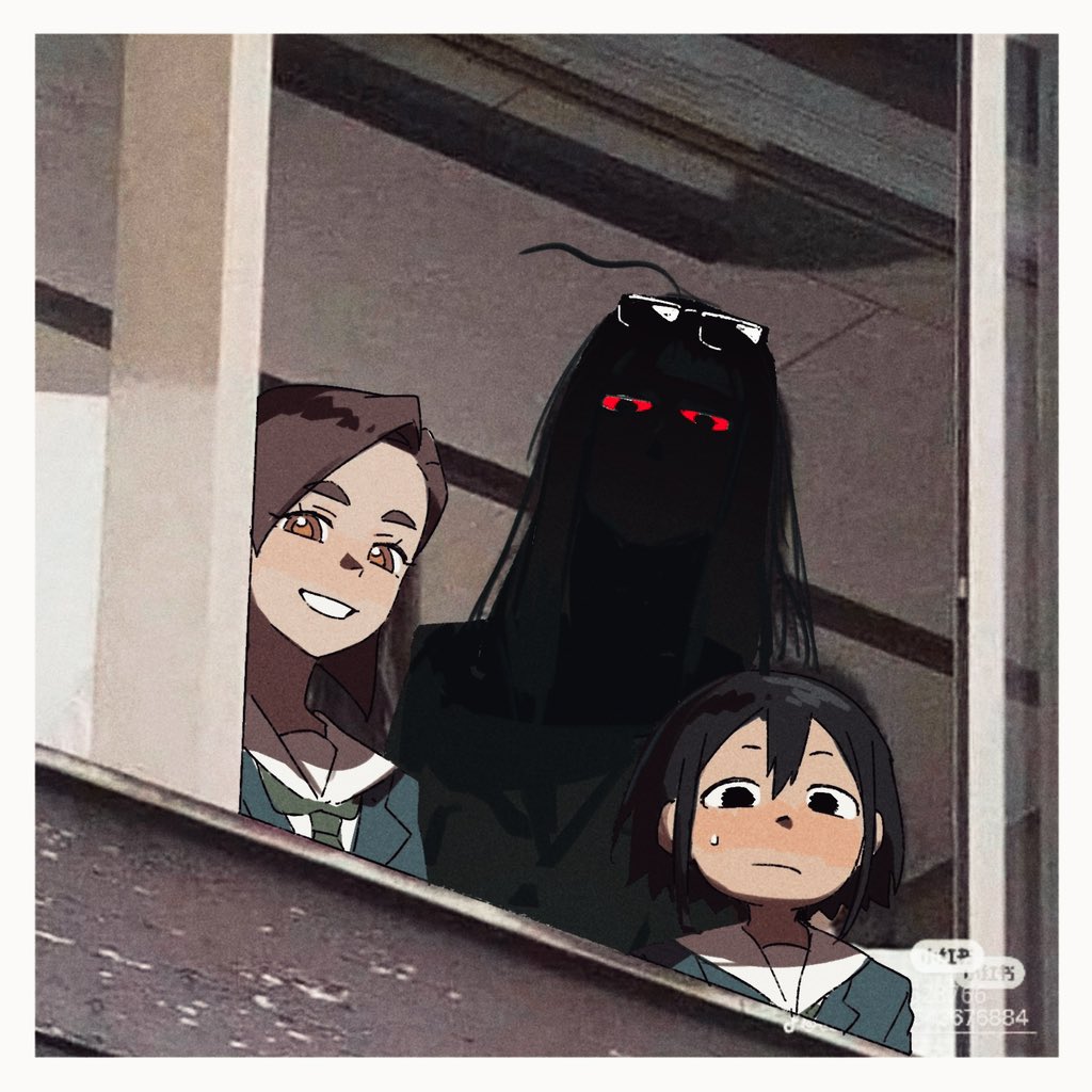 3girls, asakusa_midori, black_eyes, black_hair, border, brown_eyes, colored_sclera, commentary, eizouken_ni_wa_te_wo_dasu_na!, eyewear_on_head, glasses, goblet_42, honto_ni_atta_kowai_hanashi, kanamori_sayaka, long_hair, meme, mizusaki_tsubame, multiple_girls, red_sclera, scene_reference, school_uniform, shade, shibahama_high_school_uniform, short_hair, smile, sweatdrop, white_border