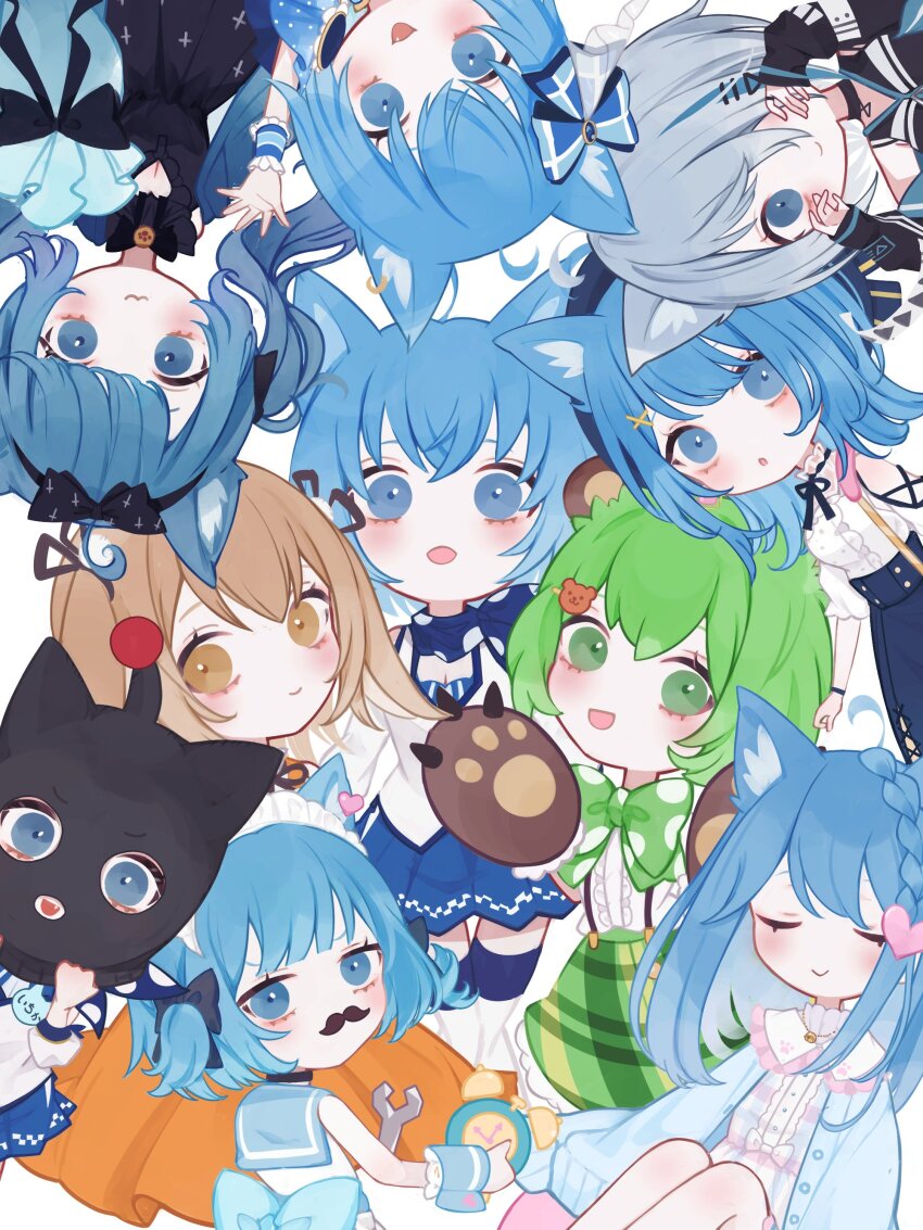 3girls, absurdres, analog_clock, animal_ear_piercing, animal_ears, animal_hands, animare_stage_costume, apron