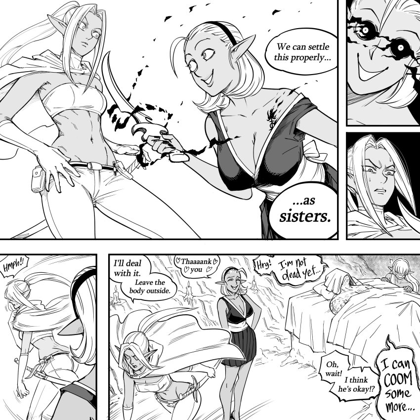 1boy, 3girls, absurdres, bb_(baalbuddy), black_sclera, breast_tattoo, breasts, bullying