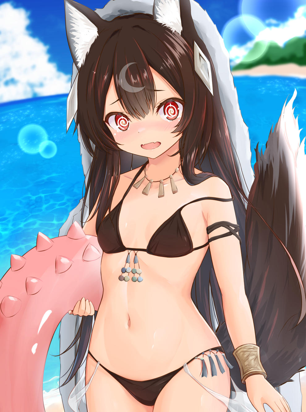 1girl, @_@, animal_ears, bikini, black_bikini, blanket, blue_sky, blush
