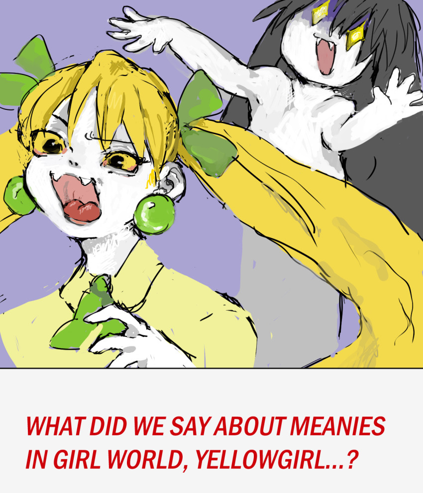 +_+, 2girls, 8eyes, black_hair, blonde_hair, bloodgirl_(8eyes), colored_skin, dialogue_box, earrings, english_text, fangs, highres, jewelry, multiple_girls, open_mouth, rgb_paw, sketch, smile, twintails, video_game_dialogue_box, white_skin, yellow_eyes, yellowgirl_(8eyes), yogurt200